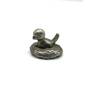 Vintage Miniature Pewter Baby Bird in Nest Figurine Approx 0.75”